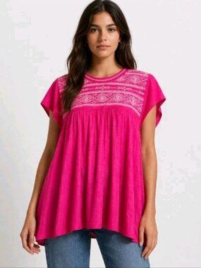 Simply Irresistible Pink Embroidered Boho Tunic Top XL Flowy Rayon Peasant